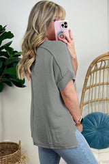 Medium Grey Sequin Baseball Pattern Ribbed Knit Crewneck T Shirt Graphic Tees JT's Designer Fashion