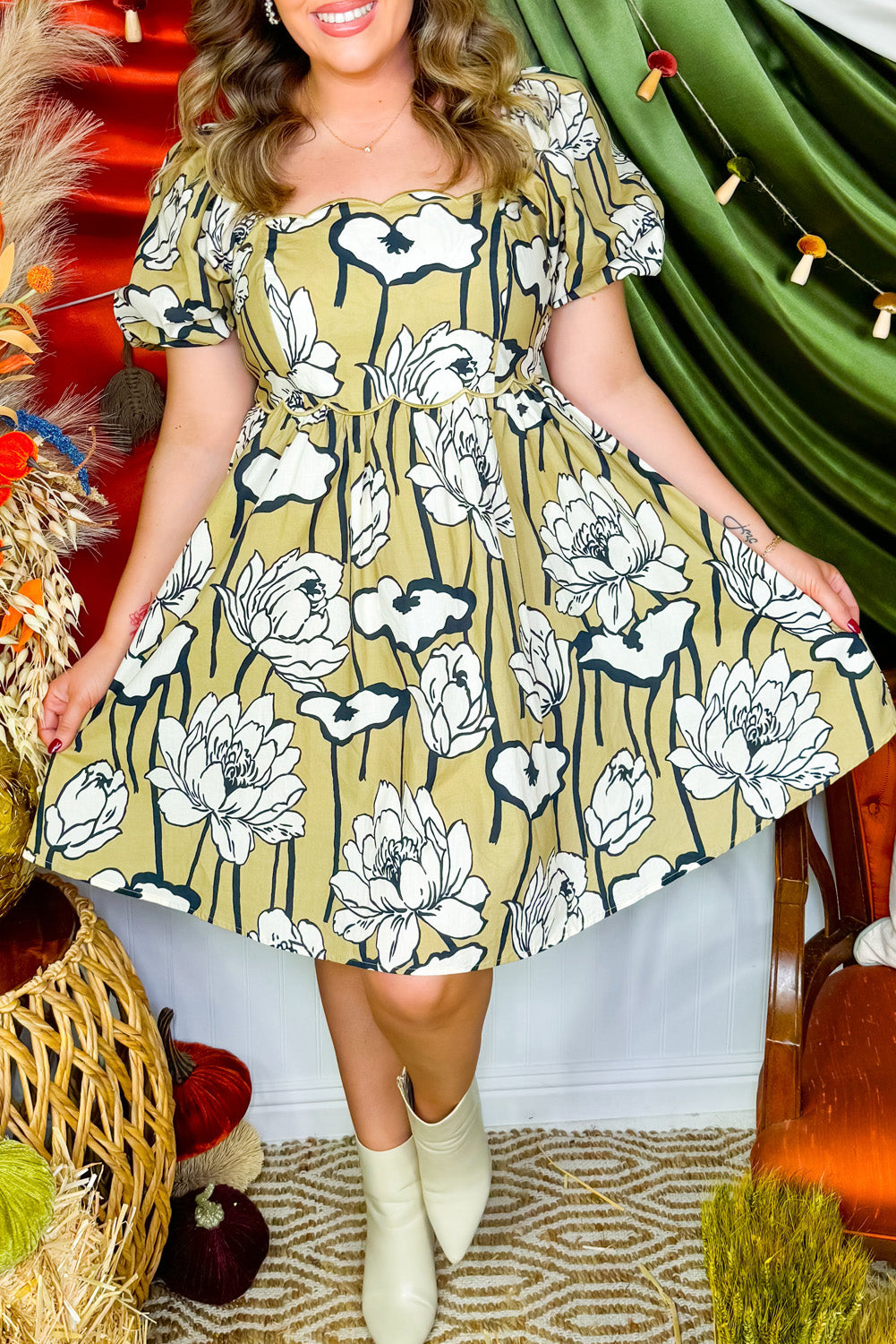 Green Plus Size Floral Print Shirred Square Neck Puff Sleeve Dress Green 81%Viscose+19%Polyamide Plus Size Mini Dresses JT's Designer Fashion