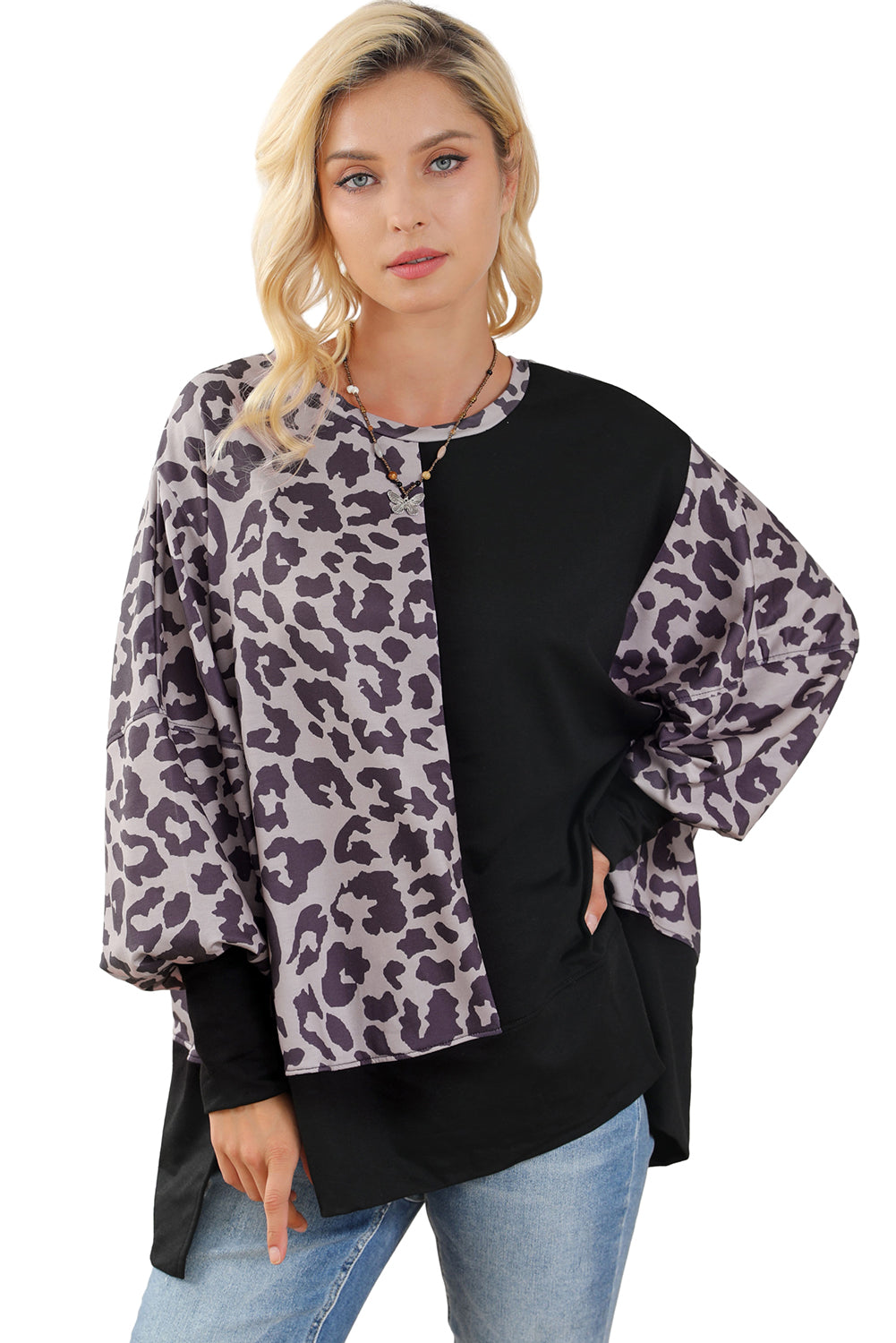 Black Leopard Patchwork Bishop Sleeve Slit Sweatshirt Sweatshirts & Hoodies JT's Designer Fashion