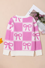 Pink Bow Knot Two Tone Checkered Crew Neck Sweater Sweaters JT's Designer Fashion