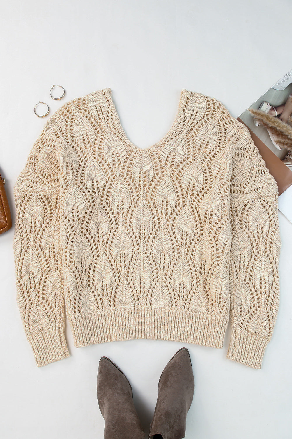 Apricot Crochet Knit Ribbed Hem Hollow-out Sweater Sweaters JT's Designer Fashion