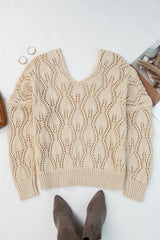 Apricot Crochet Knit Ribbed Hem Hollow-out Sweater Sweaters JT's Designer Fashion