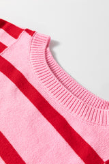 Pink Stripe Bubble Sleeve Drop Shoulder Ribbed Trim Sweater Sweaters JT's Designer Fashion