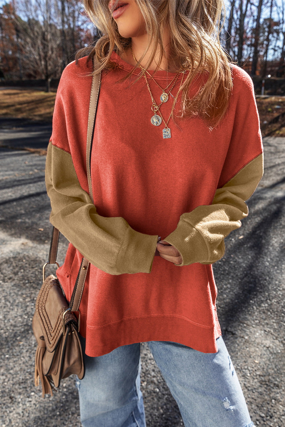 Gold Flame Two Tone Patchwork Drop Shoulder Pullover Sweatshirt Sweatshirts & Hoodies JT's Designer Fashion