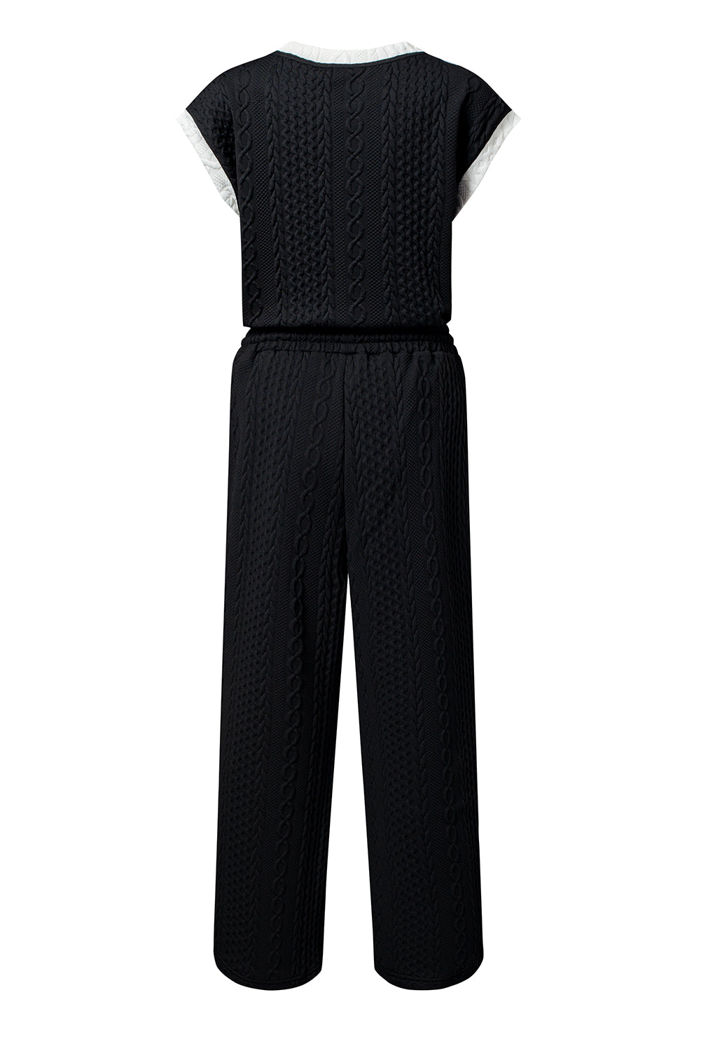 Black Cable Knit Contrast Trim Short Sleeve Top and Pants Set Pant Sets JT's Designer Fashion