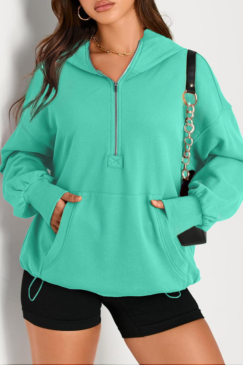 Aruba Blue Solid Kangaroo Pocket Half Zipper Oversized Hoodie Sweatshirts & Hoodies JT's Designer Fashion