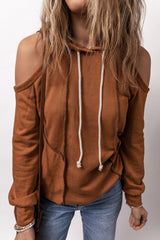 Cinnamon Exposed Seam Cold Shoulder Drawstring Hoodie Sweatshirts & Hoodies JT's Designer Fashion