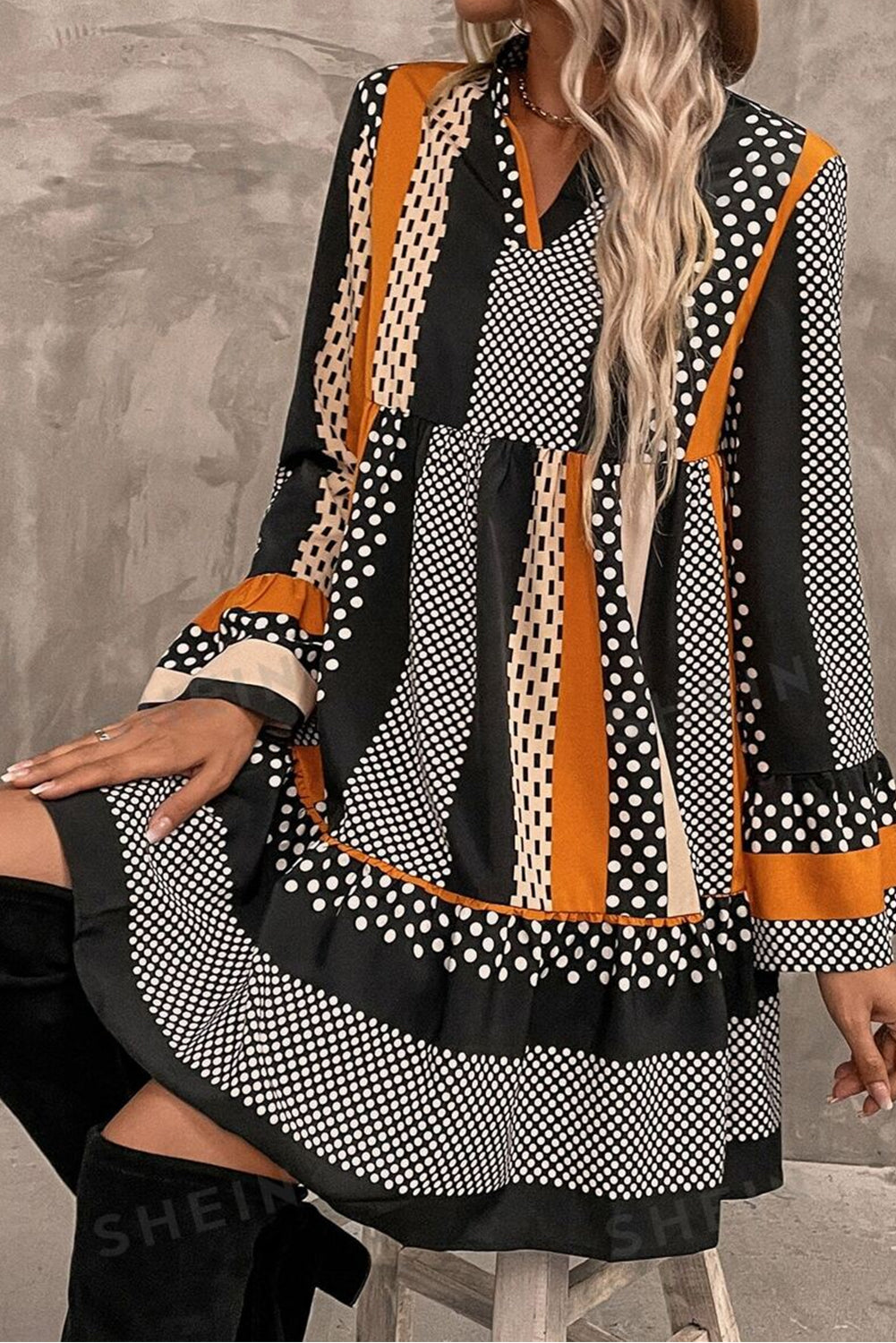 Black Striped Polka Dot Print Ruffled Hem V Neck Mini Dress Mini Dresses JT's Designer Fashion