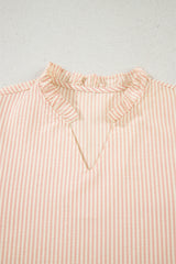 Pink Stripe Bow Knot Cuff Pearl Embellished Puff Sleeve V Neck Blouse Blouses & Shirts JT's Designer Fashion