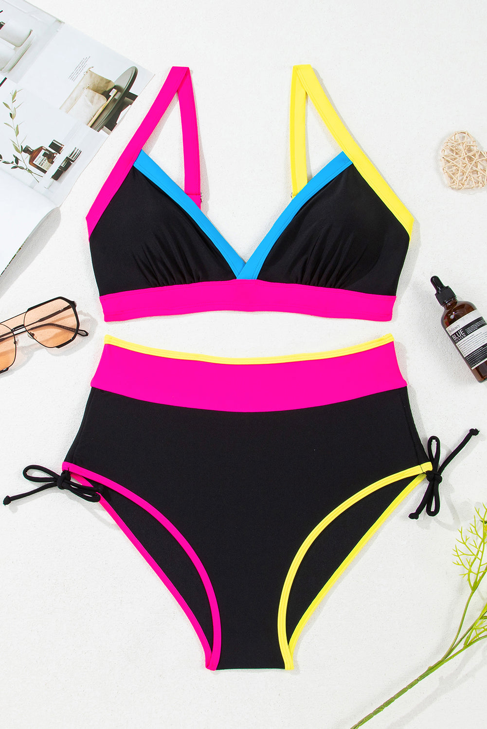 Black Color Block Drawstring Side V Neck High Waist Bikini Set Bikinis JT's Designer Fashion