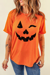 Orange Halloween Pumpkin Face Print Crew Neck T Shirt Graphic Tees JT's Designer Fashion