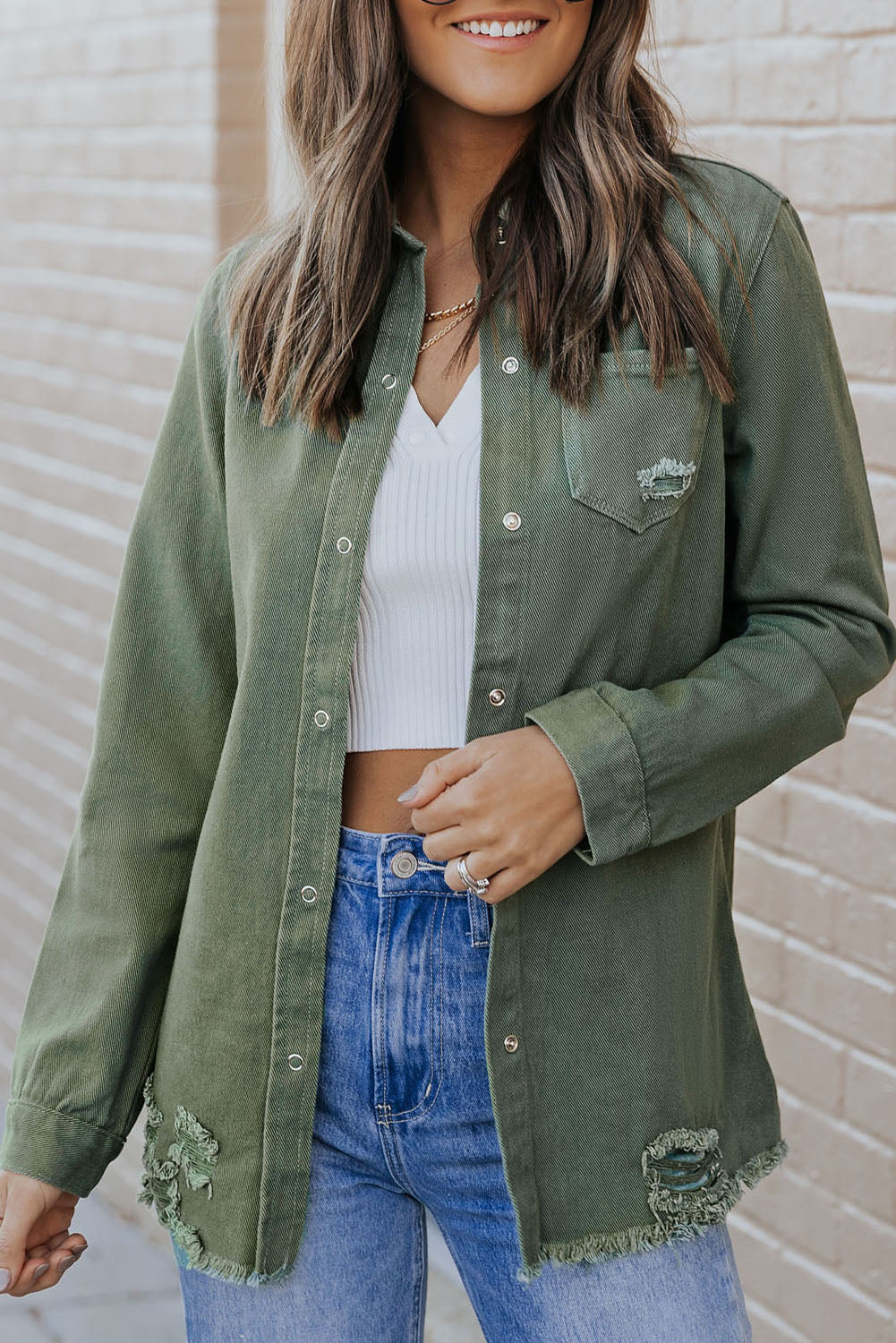 Green Ripped Denim Jacket Denim Jackets JT's Designer Fashion