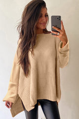 Apricot Cable Knit Drop Shoulder Side Slits Loose Sweater Sweaters JT's Designer Fashion