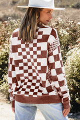 Brown Checkered Print Drop Shoulder Round Neck Sweater Sweaters JT's Designer Fashion