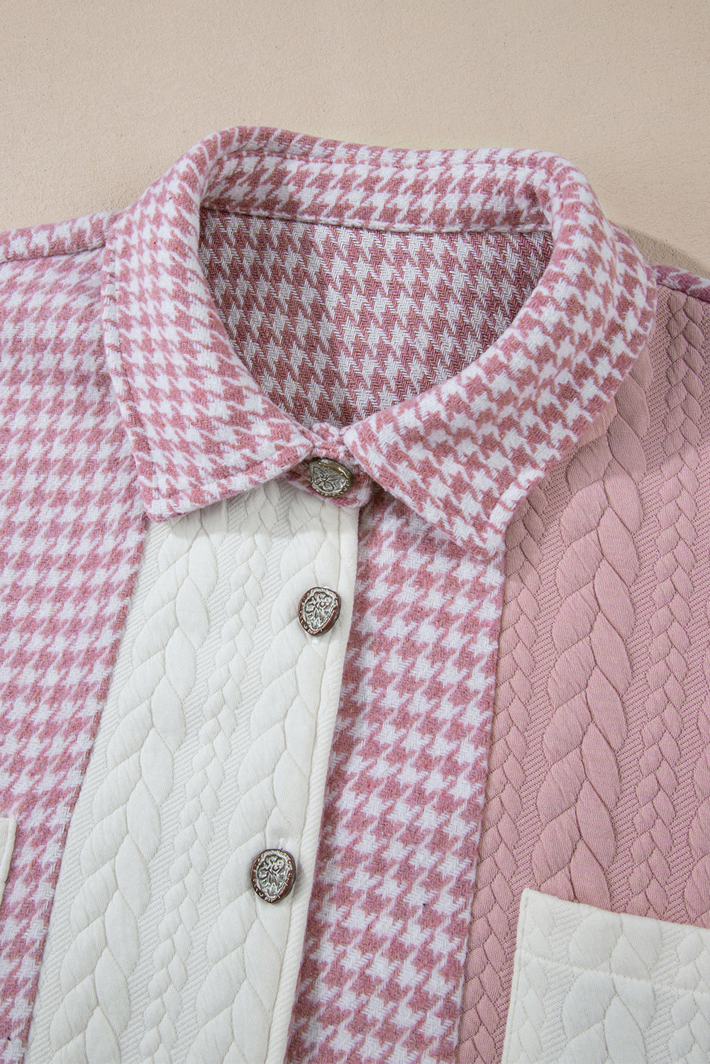 Pink Houndstooth Color Contrast Textured Patchwork Loose Shacket Jackets JT's Designer Fashion
