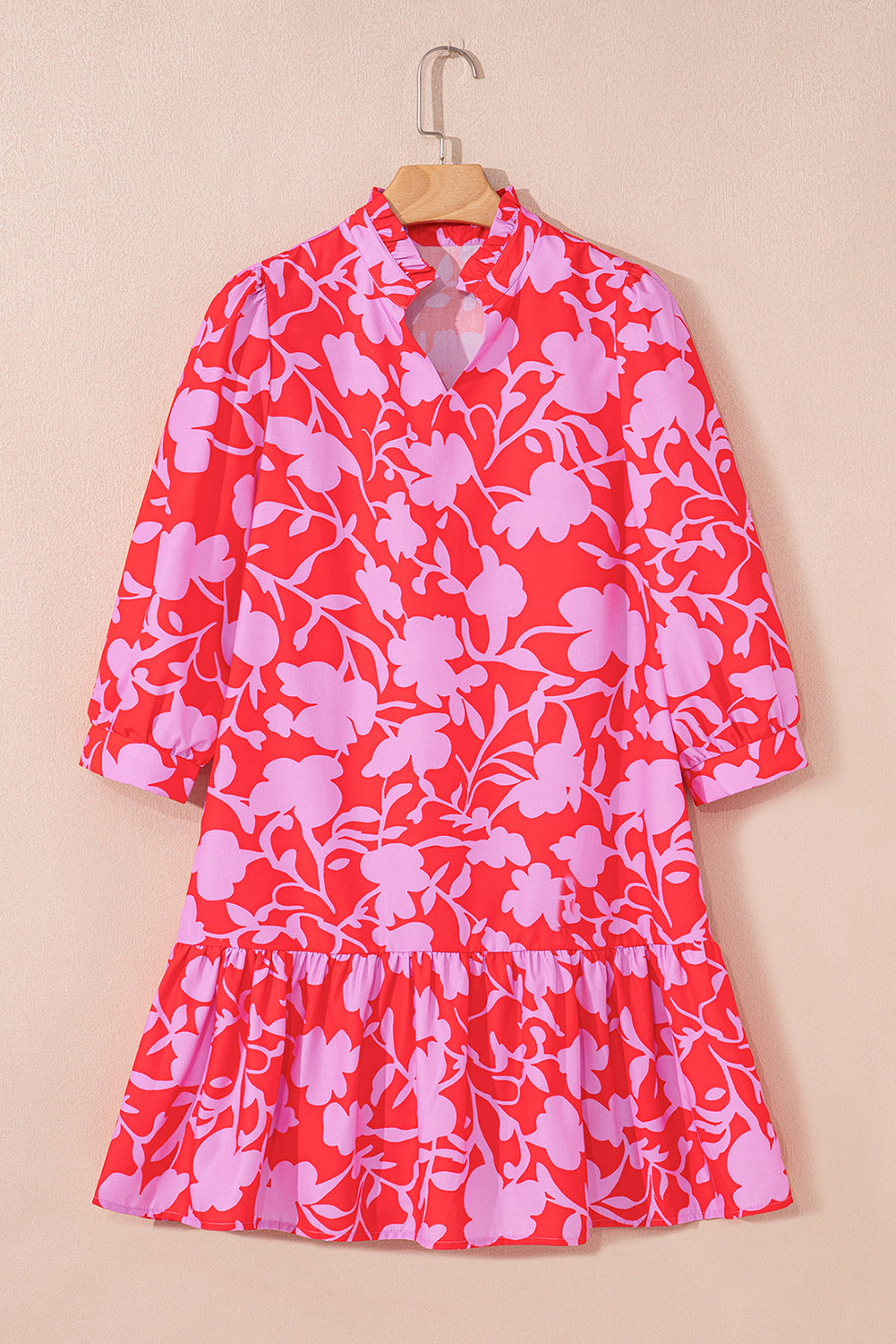 Red Floral Three Quarter Sleeves Ruffle Hem Mini Dress Mini Dresses JT's Designer Fashion