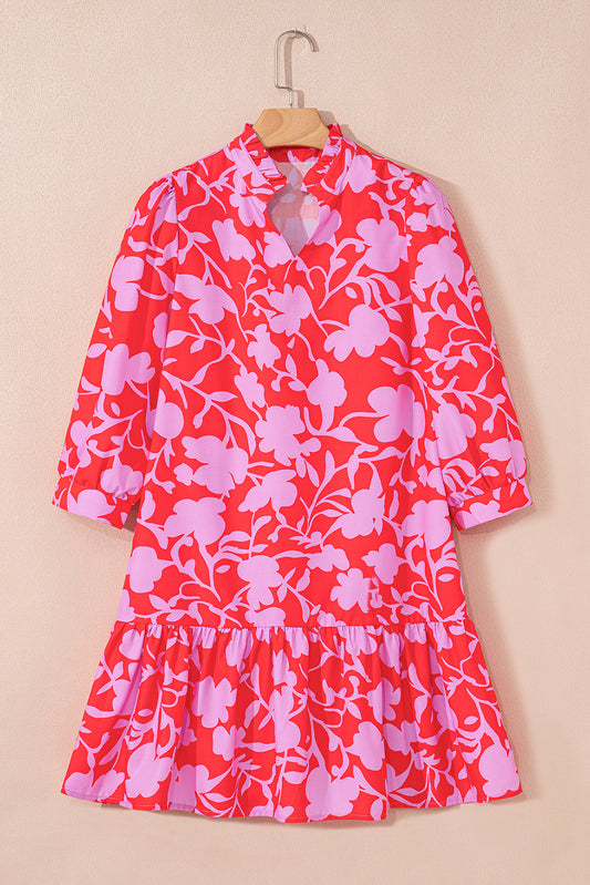 Red Floral Three Quarter Sleeves Ruffle Hem Mini Dress Mini Dresses JT's Designer Fashion