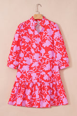 Red Floral Three Quarter Sleeves Ruffle Hem Mini Dress Mini Dresses JT's Designer Fashion
