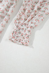 White Floral Print Shirred Ruffled Hem Square Neck Midi Dress Floral Dresses JT's Designer Fashion