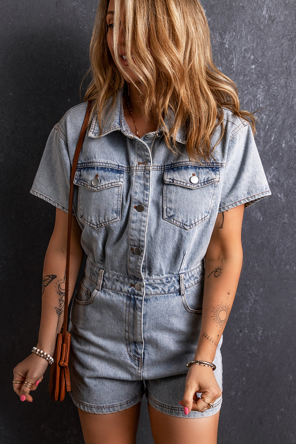 Light Blue Vintage Washed Buttons Pocketed Denim Romper Bottoms JT's Designer Fashion