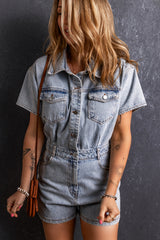 Light Blue Vintage Washed Buttons Pocketed Denim Romper Bottoms JT's Designer Fashion