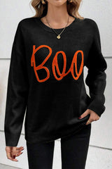Black Boo Knitted Pattern Ribbed Edge Drop Shoulder Sweater Sweaters JT's Designer Fashion