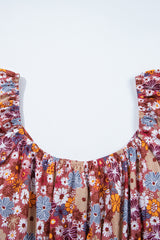 Red Floral Puff Sleeve Square Neck Knot Open Back Mini Dress Floral Dresses JT's Designer Fashion