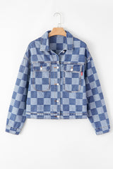 Light Blue Checkered Patchwork Button up Denim Jacket Denim Jackets JT's Designer Fashion