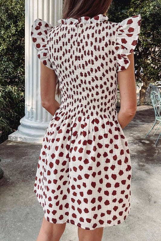 Brown Abstract Printed Flutter Sleeve Smocked Bodice Short Dress Mini Dresses JT's Designer Fashion