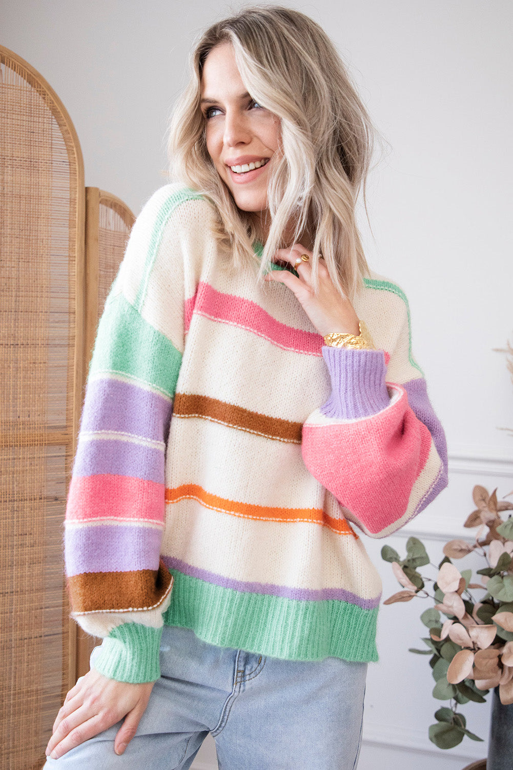 Multicolor Striped Colorblock Drop Shoulder Sweater Sweaters & Cardigans JT's Designer Fashion
