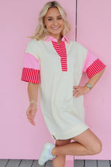 White Stripe Colorblock Short Sleeve Collared Mini Dress Dresses JT's Designer Fashion
