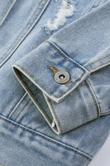 Sky Blue Sequin Embellished Fringe Distressed Denim Jacket Denim Jackets JT's Designer Fashion