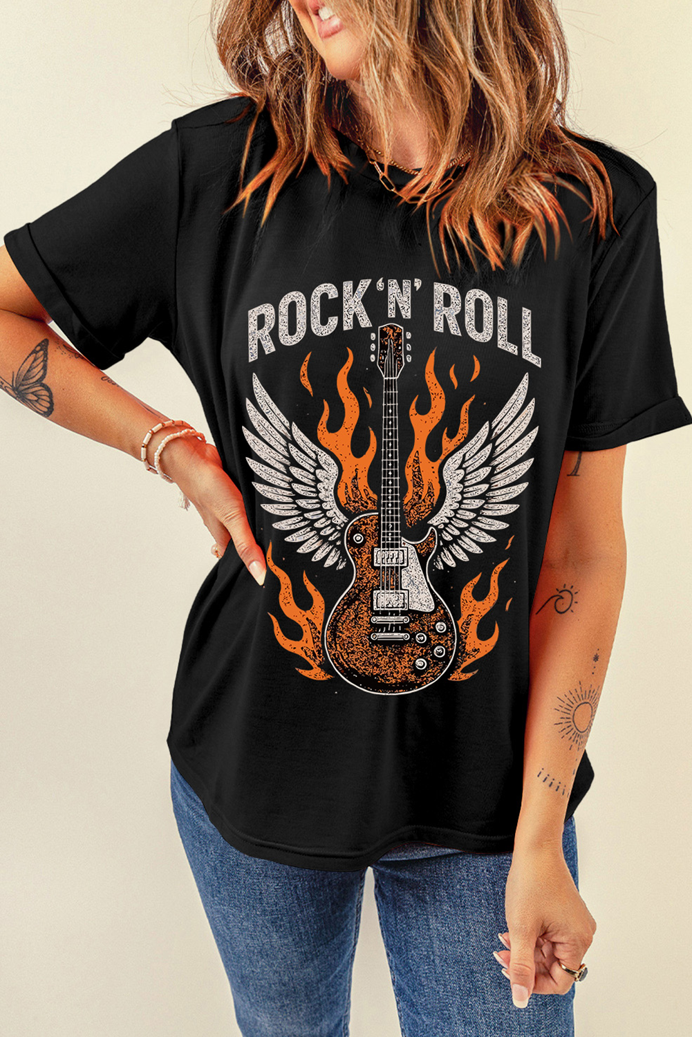 Black Guitar Wings Slogan Print Crew Neck T Shirt Graphic Tees JT's Designer Fashion