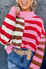 Pink Stripe Color Block High Neck Drop Shoulder Loose Sweater Pink Stripe 55%Acrylic+45%Cotton Sweaters JT's Designer Fashion