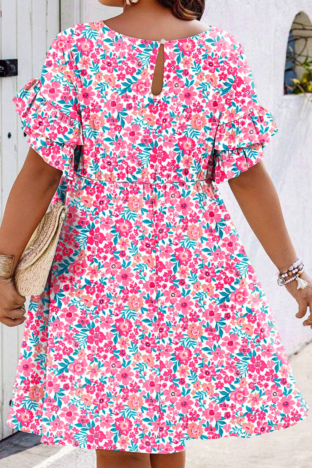 White Plus Size Floral Print Frilled Short Sleeve Flare Dress Plus Size Mini Dresses JT's Designer Fashion