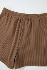 Chestnut Corded Knit Long Sleeve Top and High Waist Shorts Set Short Sets JT's Designer Fashion