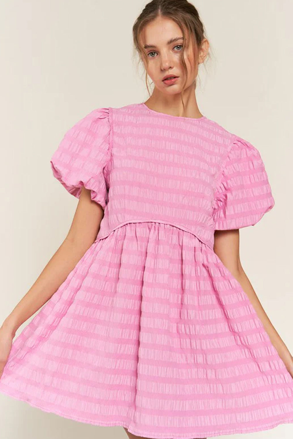 Bonbon Textured Bubble Sleeve High Waist Mini Dress Mini Dresses JT's Designer Fashion