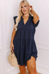 Navy Blue Collared V Neck Flutter Sleeve Tiered Plus Size Dress Plus Size Mini Dresses JT's Designer Fashion