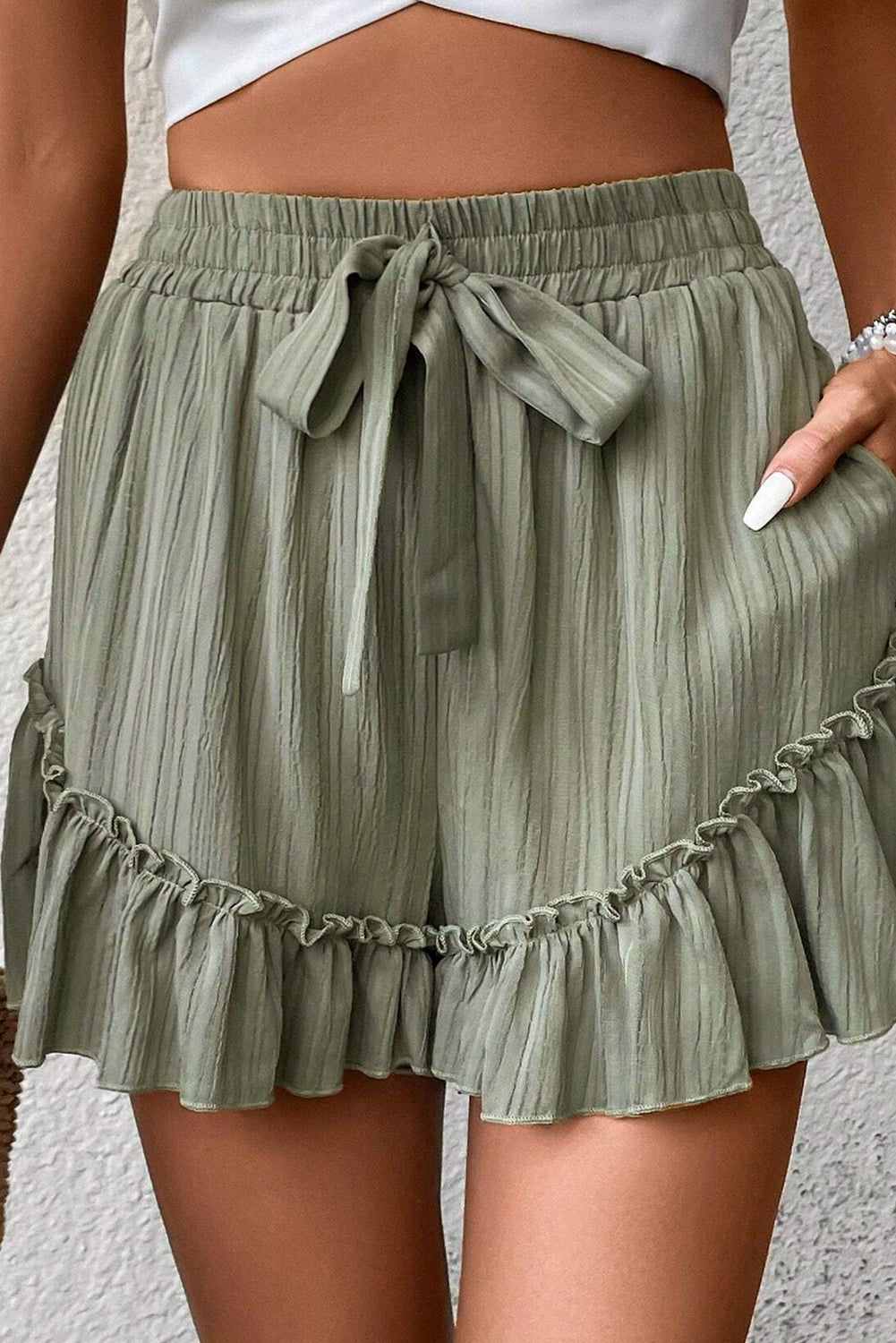 Laurel Green Textured Tie Waist Ruffle Hem Shorts Casual Shorts JT's Designer Fashion
