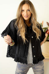 Black Raw Edge Ruffled Short Sleeve Denim Jacket Denim Jackets JT's Designer Fashion