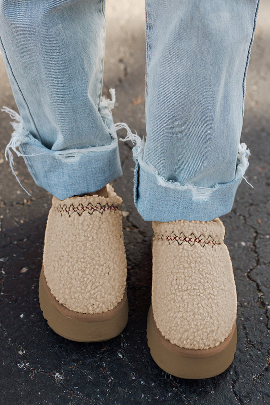 Oatmeal Embroidered Sherpa Plush Thick Sole Snow Boots Slippers JT's Designer Fashion