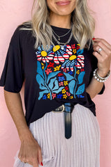 Black USA Flag Flower Graphic Drop Shoulder T Shirt Graphic Tees JT's Designer Fashion