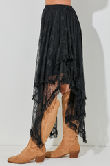 Black Lace Cascading Tiered High Waist Maxi Skirt Bottoms JT's Designer Fashion