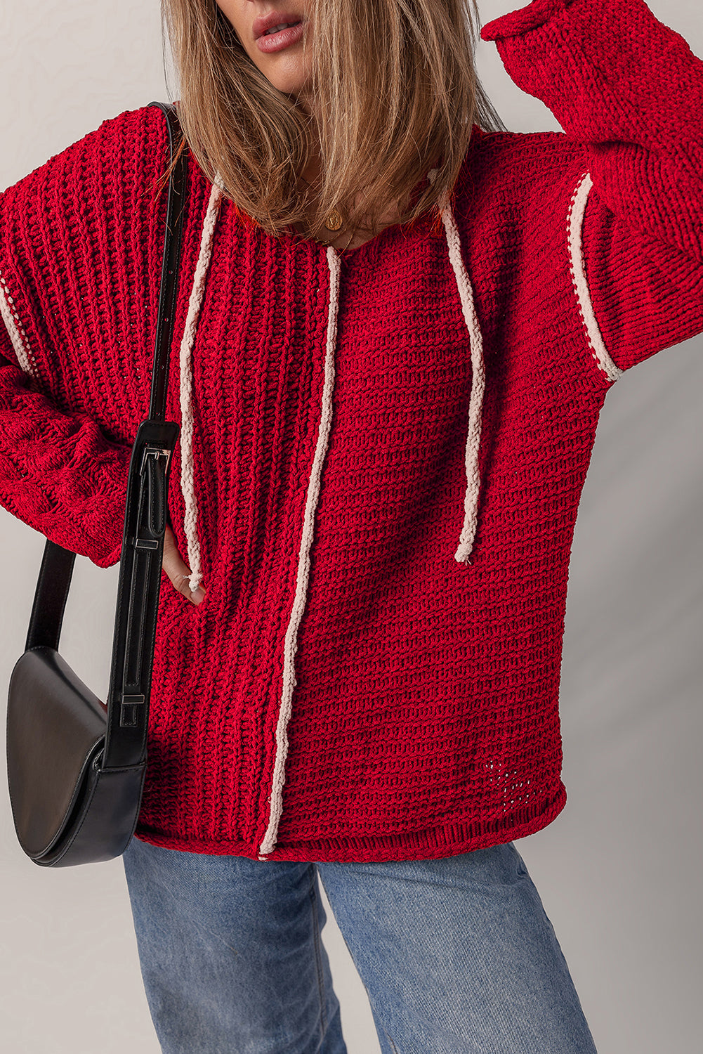Racing Red Color Contrast Trim Textured Knit Drawstring Hooded Sweater Sweaters JT's Designer Fashion