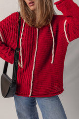 Racing Red Color Contrast Trim Textured Knit Drawstring Hooded Sweater Sweaters JT's Designer Fashion