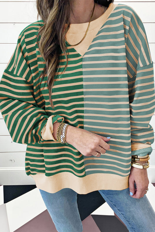 Green Stripe Casual Stripe Colorblock Drop Shoulder Oversize Sweatshirt Sweatshirts & Hoodies JT's Designer Fashion