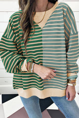 Green Stripe Casual Stripe Colorblock Drop Shoulder Oversize Sweatshirt Sweatshirts & Hoodies JT's Designer Fashion
