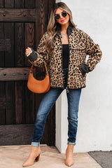 Khaki Leopard Print Zip Up Stand Neck Side Pocket Jacket Jackets JT's Designer Fashion