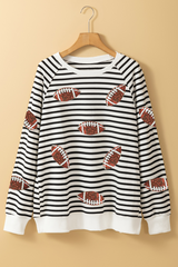 Black Stripe Sequin Rugby Football Side Slits Oversized Sweatshirt Graphic Sweatshirts JT's Designer Fashion