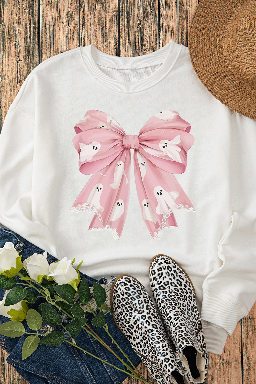 Beige Ghost Bowknot Graphic Crew Neck Drop Shoulder Sweatshirt Graphic Sweatshirts JT's Designer Fashion